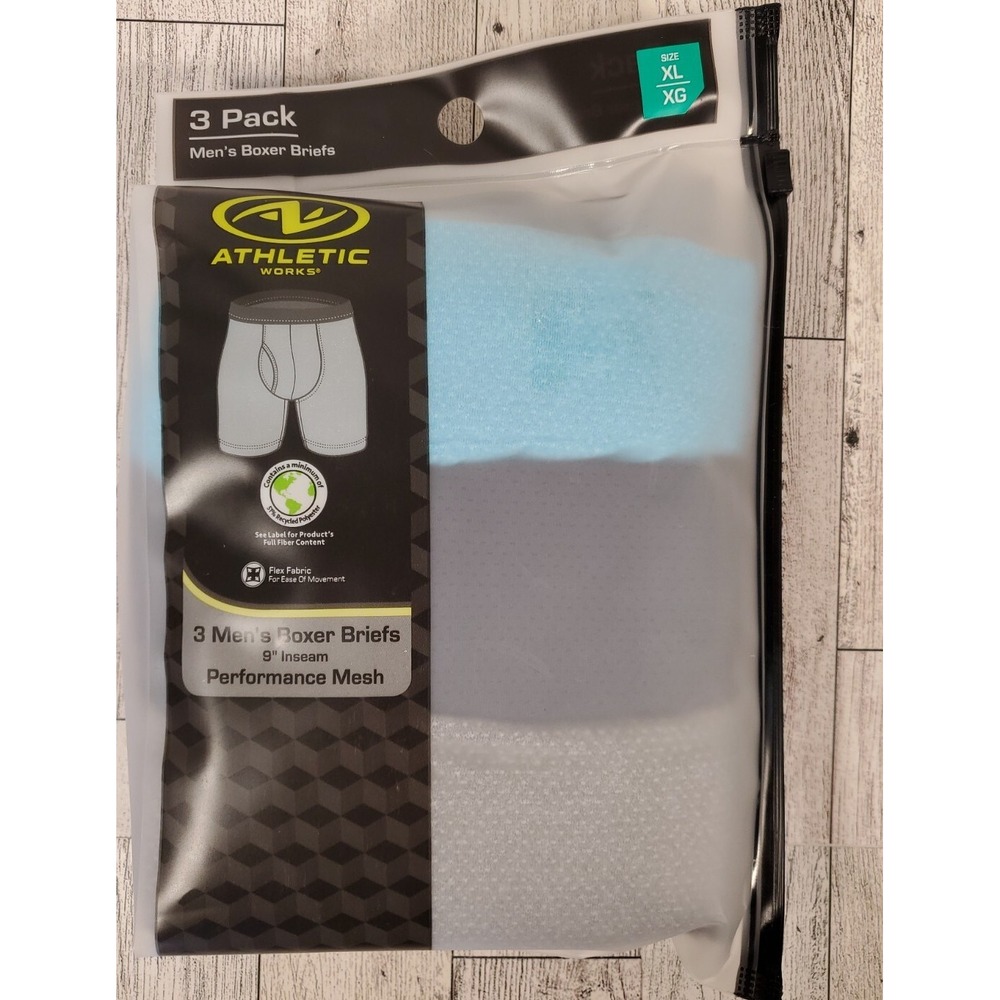 Men's Boxer Briefs Size XL Athletic Works 6" Inseam Men's 3 Pack Blue Black Gray